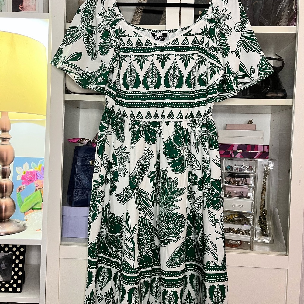 Green and White Tropical Boho Print Summer Dress